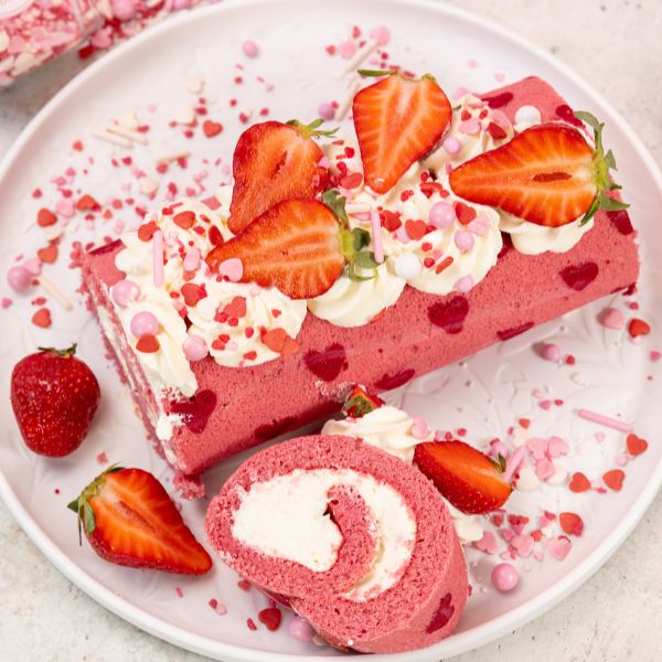 Süße Herz-Biskuitrolle – mit Zitronencreme & Erdbeeren