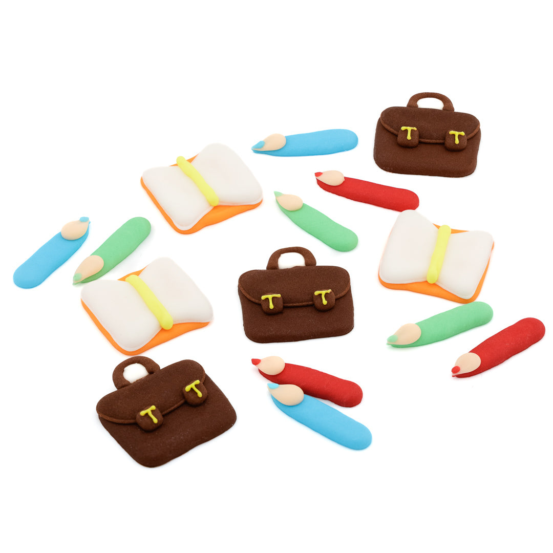 Einschulungs-Set: Stifte, Bücher, Ranzen - Zuckeraufleger 16 Stück