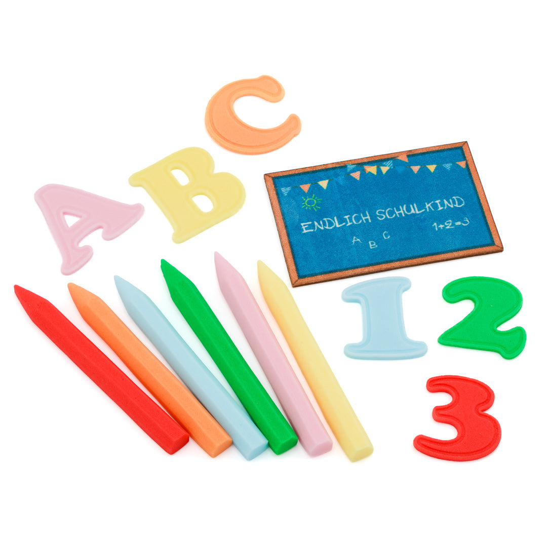 Einschulungs-Set: Buchstaben, Zahlen, Tafel, Stifte - Zuckeraufleger 13 Stück