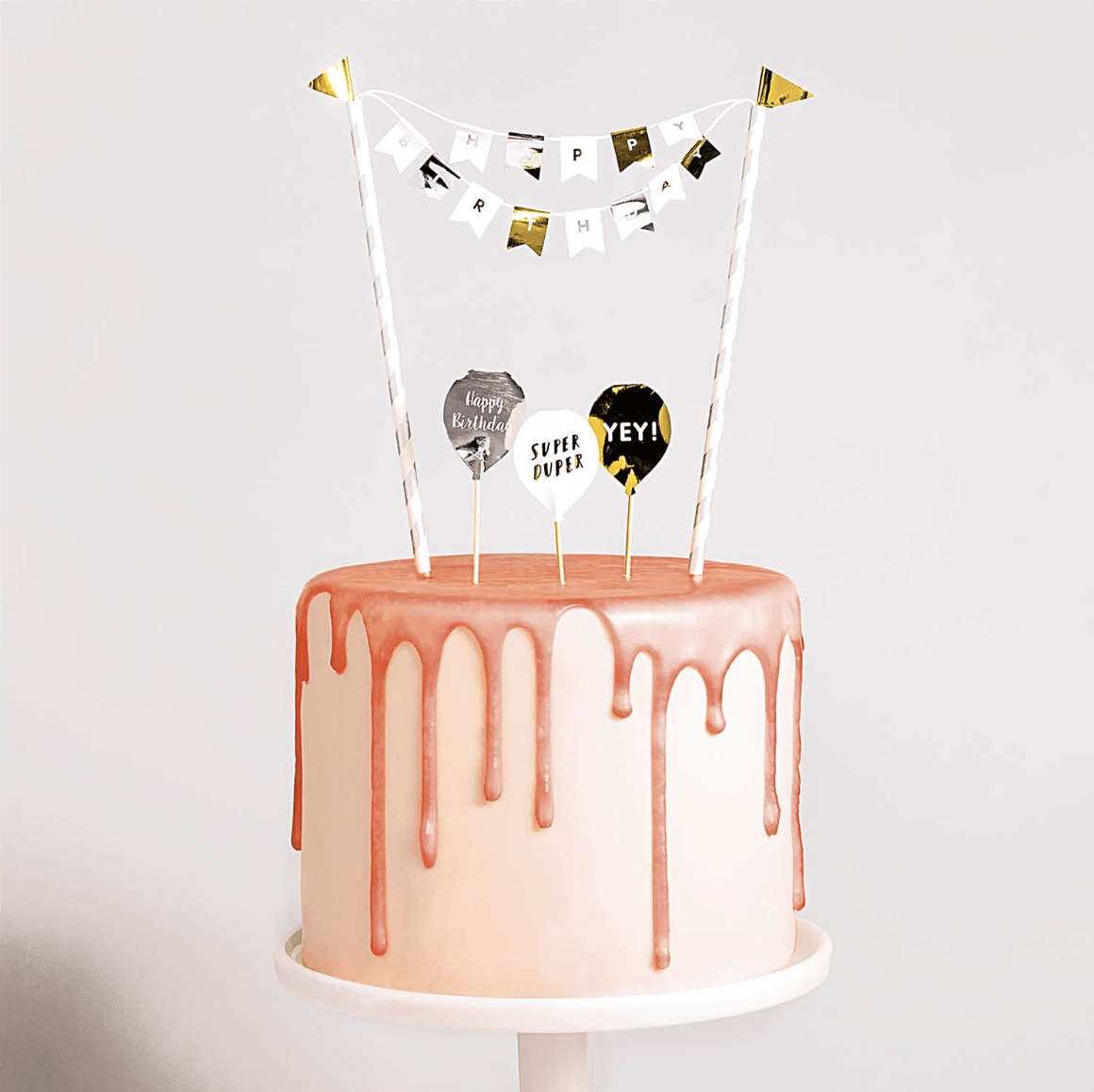 Guirnalda para tarta Happy Sprinkles - Feliz Cumpleaños (blanca, plateada, dorada)